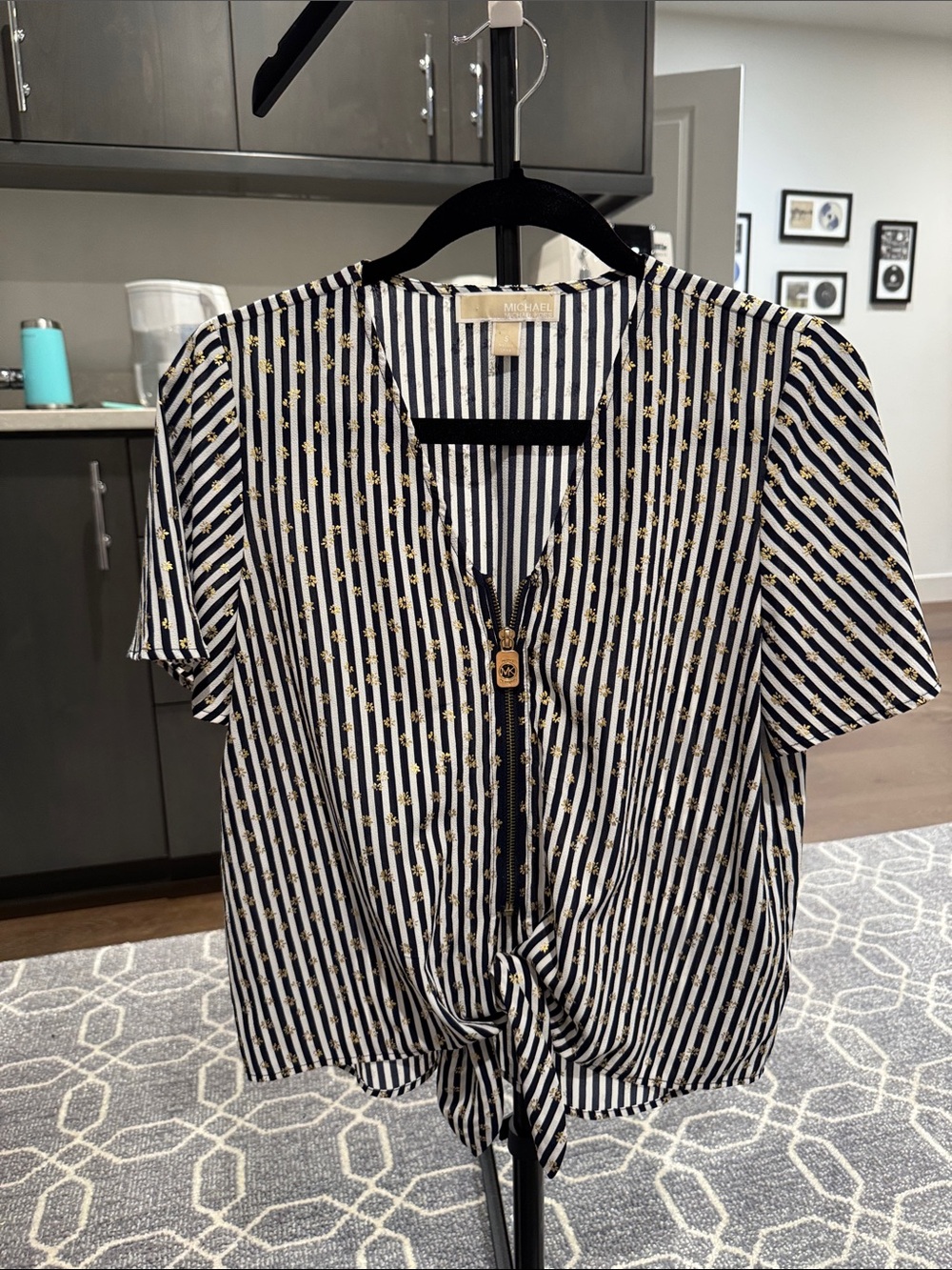Michael Kors Navy, White & Gold Vertical-Stripe Tie-Front Short Sleeve Top